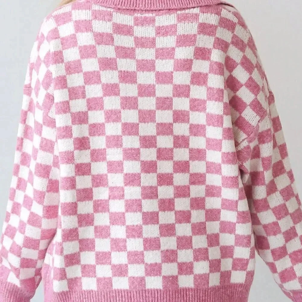 Pink Casual Women's Checkered Buttons Collar V Neck Drop Shoulder Sweater - Picture 4 of 5